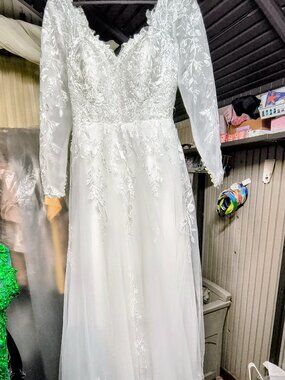 New Custom Size 8 Off Shoulder Lace Wedding Dress 3/4 Sleeve Boning in bodice